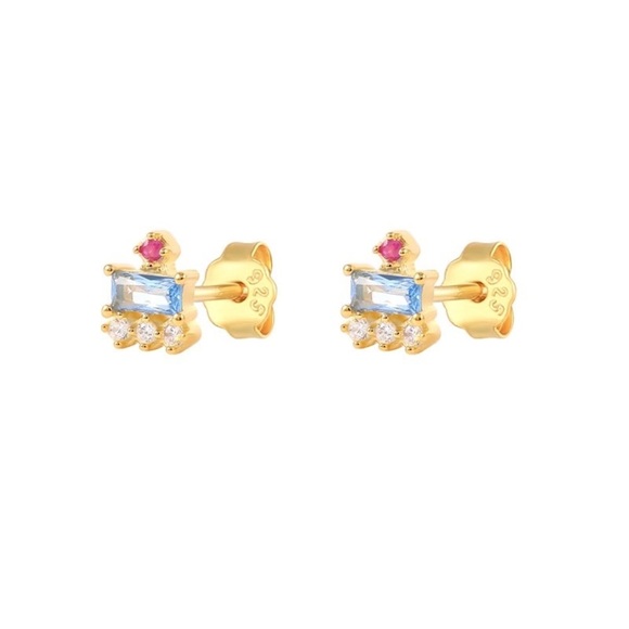 Dainty Geometric Blue Crystal CZ Emerald-cut and Round Stud Pierced Earrings 2pc - Picture 1 of 7